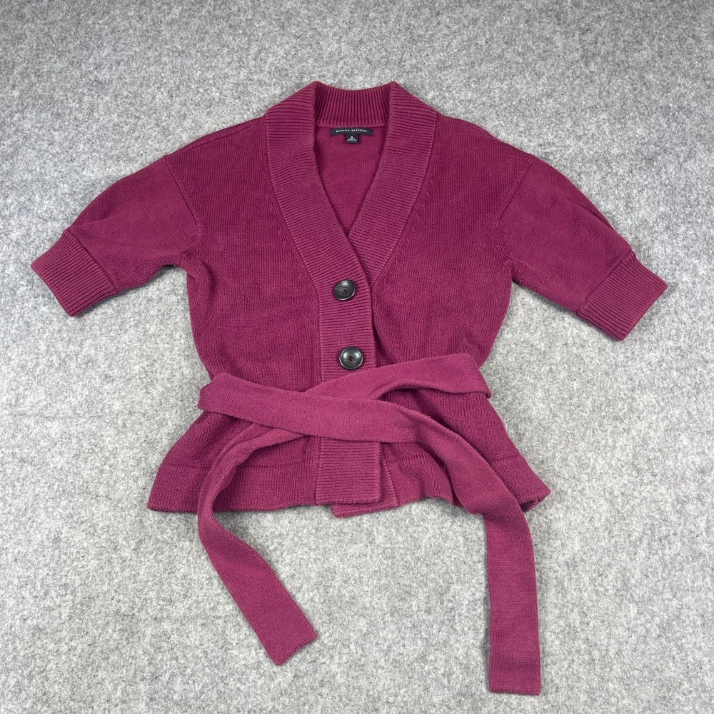 Banana Republic Belted Cardigan Sweater Small Magenta Cotton Wool Short Sleeve